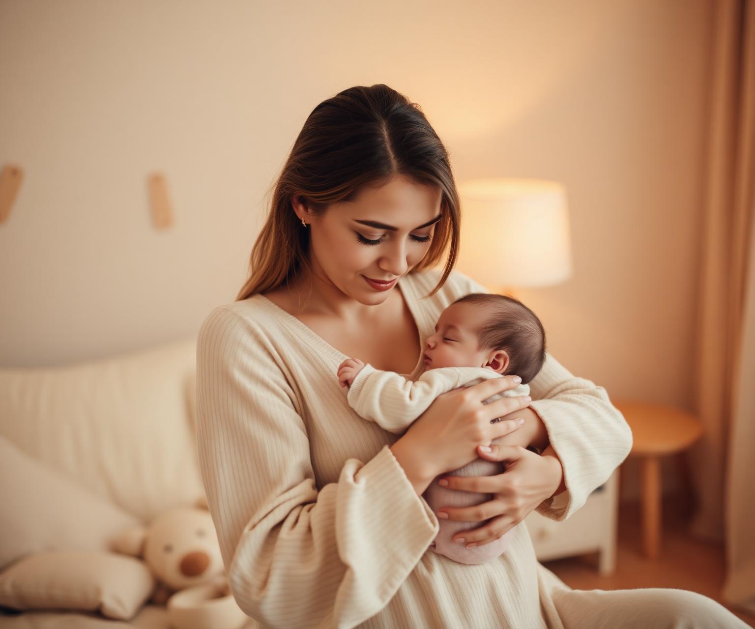 Mãe acolhendo seu bebê dormindo em quarto aconchegante